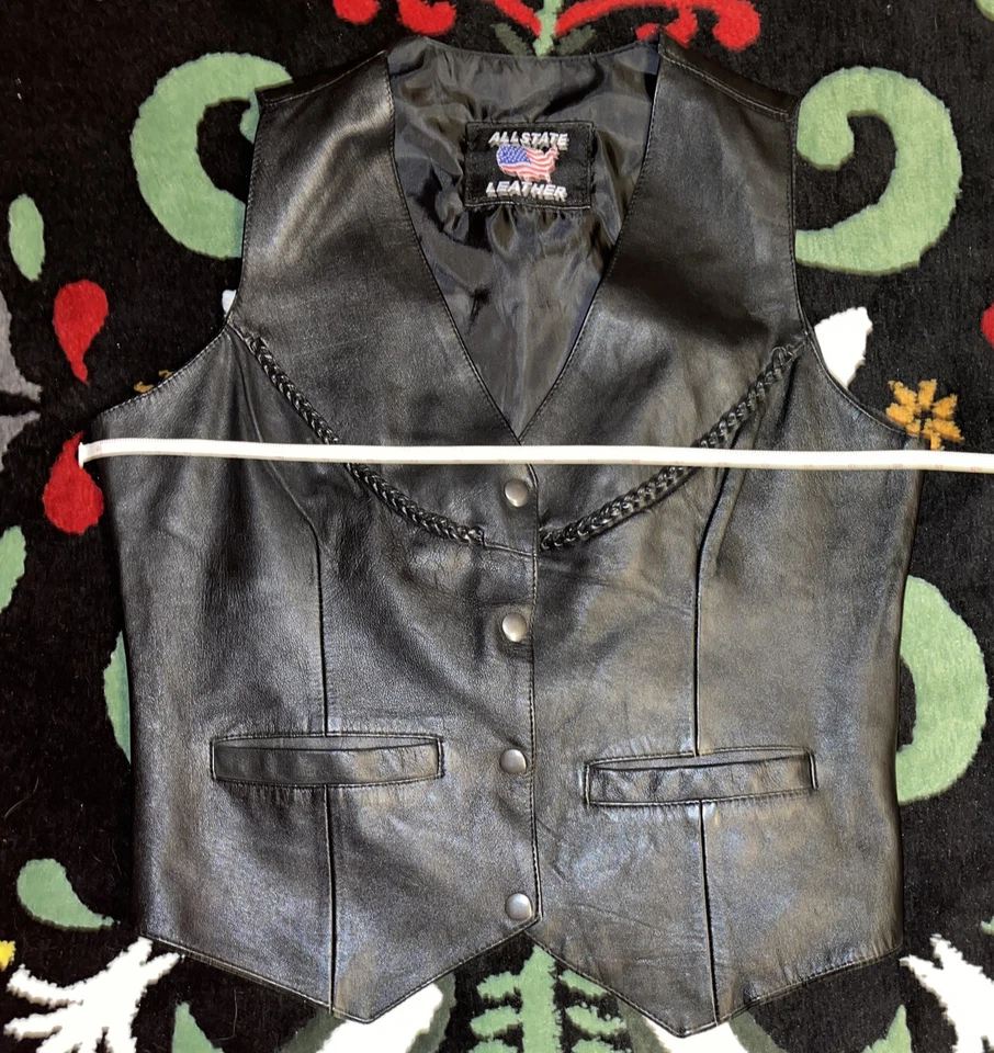 "Chaleco delantero a presión negro de cuero Allstate para mujer talla mediana 19"" axila a axila". Foto 4 de 4
