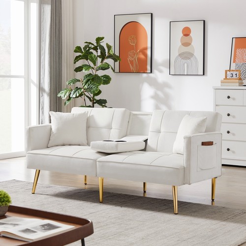 Velvet Convertible Sofa Bed with Cup Holder Upholstered Folding Couch Loveseat - Picture 2 of 39