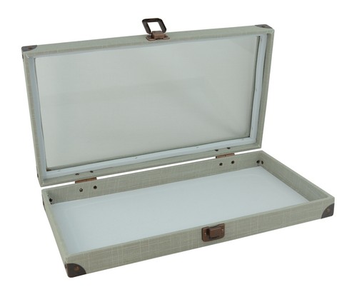 Grey Linen Wooden Glass Lid Display Case With Choice Of Black Compartment Insert - Picture 24 of 43
