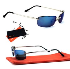 Rennec Schmale Sonnenbrille Herren Rechteckig Randlos dunkel Blau Verspiegelt M5