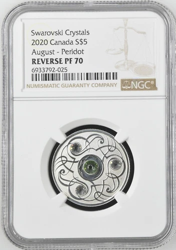 2020 Canada Birthstones Peridot Swarovski Crystal $5 Silver Coin - NGC PF70 F12