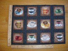Coffee Anyone Cups Mugs Saucers Cotton Quilt Fabric Panel Blocks 12 
