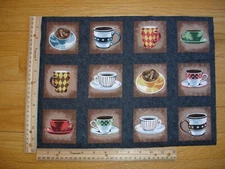 Coffee Anyone? Cups Mugs Saucers  Cotton Quilt Fabric Panel Blocks (12) 