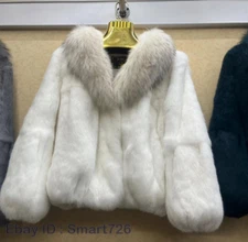 Rabbit Fur Coat Women's Thickened Loose V-Neck Raccoon Fur Collar Jacket Outwear