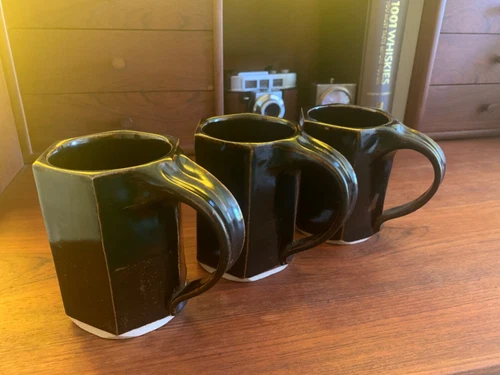 Vtg Chunky 70's Slab Studio Pottery Hand thrown stoneware Coffee Mugs 3 signed