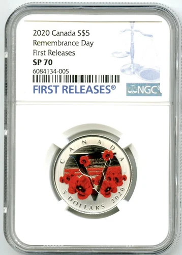 2020 $5 CANADA SILVER VE-DAY V-E DAY NGC SP70 REMEMBRANCE POPPY FIRST RELEASES