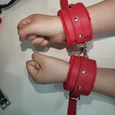 Red PU Leather Restraint Handcuffs+Ankle Cuffs Adjustable Bondage Wrist Cuffs 