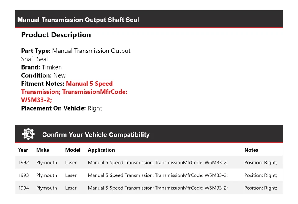 For 1992-1994 Plymouth Laser Manual Transmission Output Shaft Seal Right Timken - Image 2 of 4