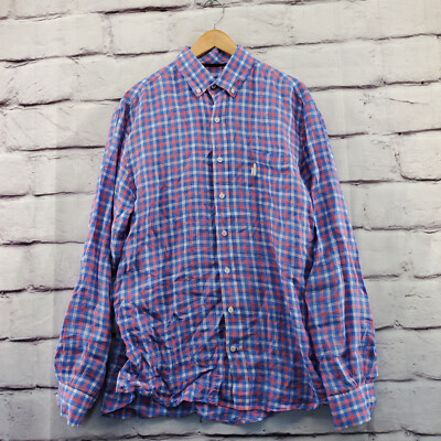 JOHNNIE-O Shirt Mens Large Plaid Linen Button Down Long Sleeve Pink White Blue
