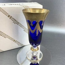 Set/4 NEW Interglass Italy Royal Blue Crystal Champagne Flute Glass 24K Gold BOX