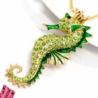 New Fashion Women Green Enamel Crystal Cute Seahorse Sweater Chain Necklace