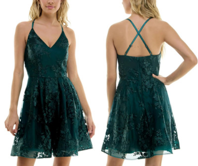 BCX Junior's Embroidered Mini Party Fit Flare Dress, Emerald, Size  11 NWT