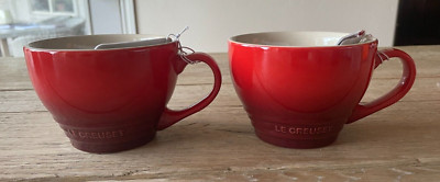 Le Creuset Stoneware  Set of 2 Giant Cappuccino Bistro Mug 14 oz  Cerise Red NEW