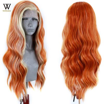 Orange Lace Front Wig Synthetic Side Part Highlight Blonde Wig Long Wavy Wigs