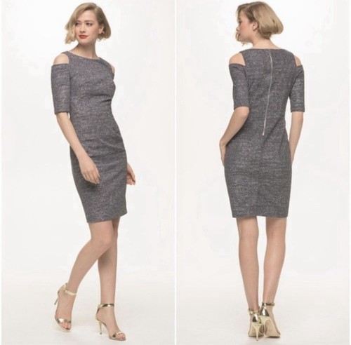 NWT Eliza J Gray/Silver Cold Shoulder Glitter Sheath Dress Size 8 Party - Picture 9 of 10