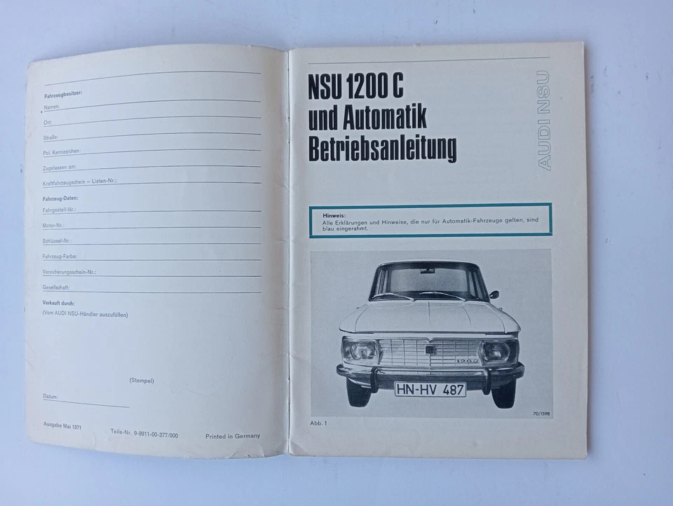 1971 NSU 1200 C BETRIEBSANLEITUNG - Imagen 4 de 4