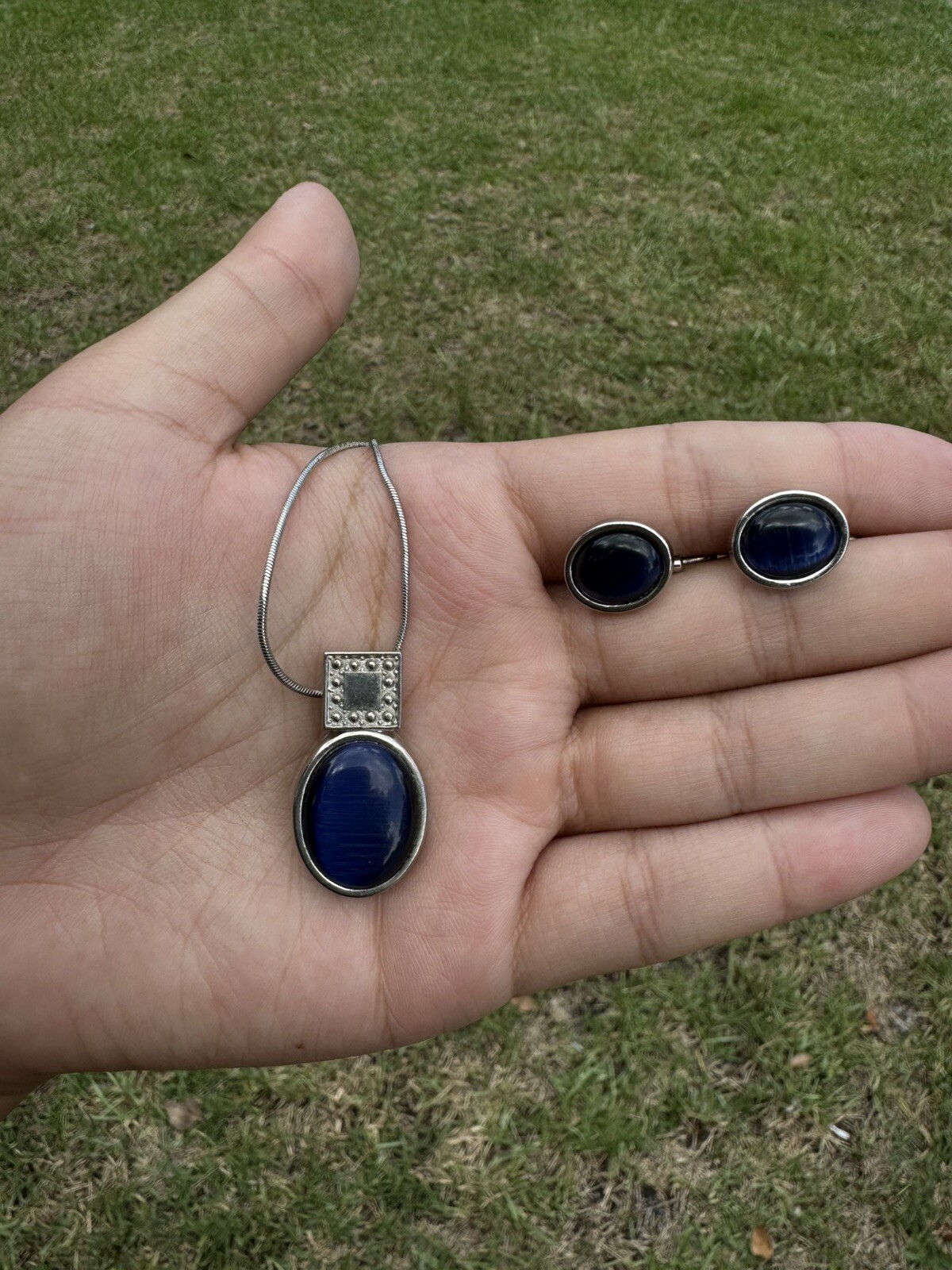 Vintage Anriya Milan Opal Collection Blue Silver Clip On Earrings & Necklace Set