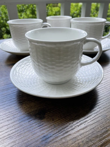 Wedgwood Nantucket Basket Weave Coffee Tea Cups & Saucers 4 Cups READ