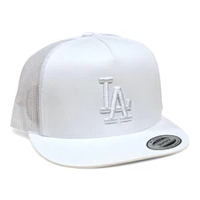 3D LA WHITE Embroidered FLAT BILL WHITE & WHITE Snapback Trucker Style Hat NEW