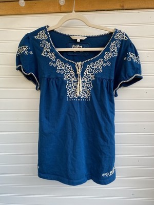 John Rocha Embroidery Babydoll Shirt Y2K Boho Blue White Top 100% Cotton 14 L XL