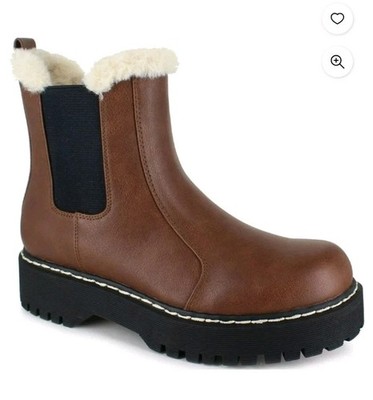 Portland Boot Company Brown Leather Faux Fur Trim Chelsea Ankle Boots Size 8