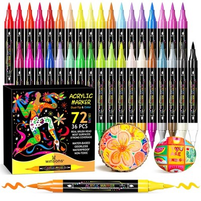 WINSONS 72 Colors Dual Tip Acrylic Paint Pens Markers, 36 Set Permanent Acryl...