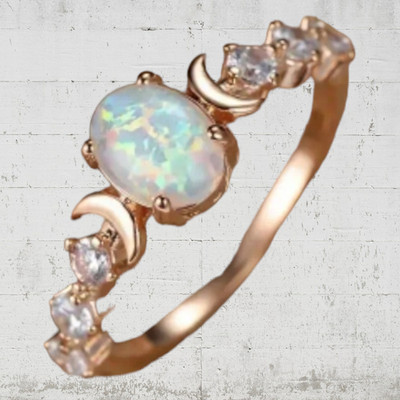 White Opal Moon Accent Band Romantic Boho Retro Style Rose Golden Ring Size 6