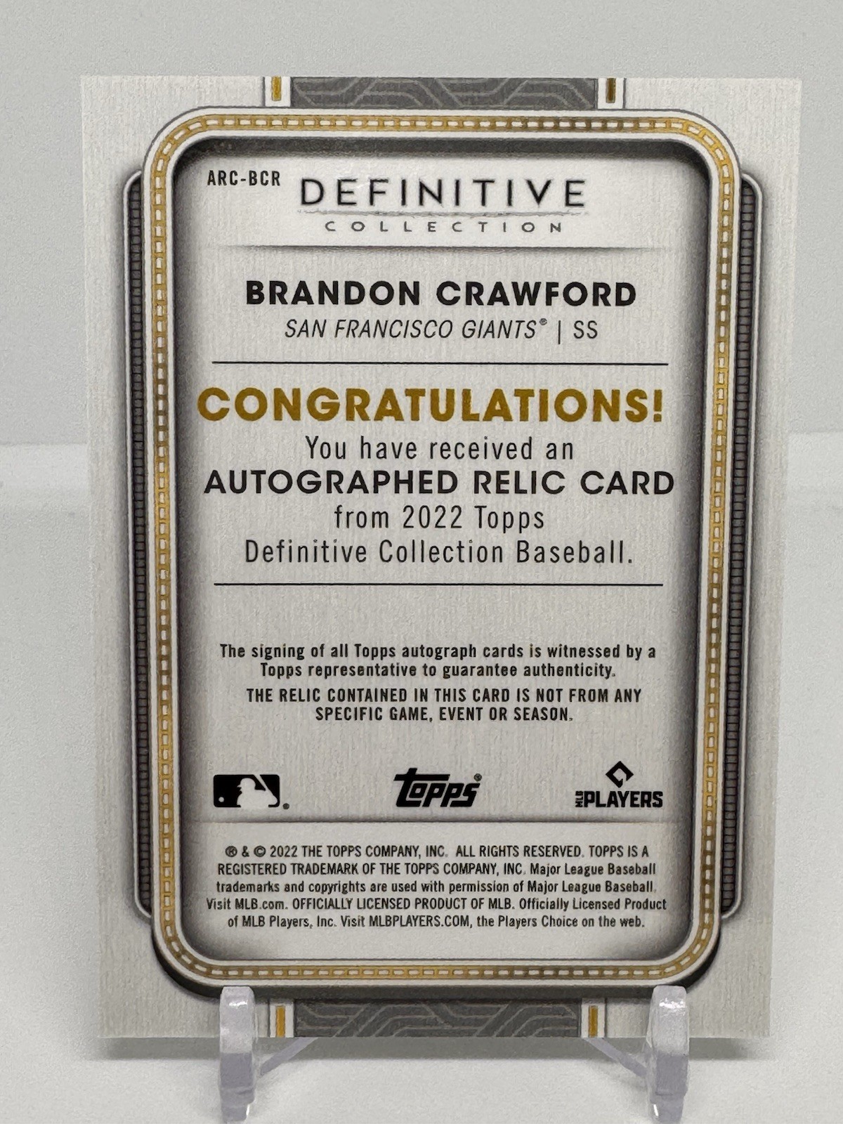 Brandon Crawford 2022 Topps Definitive Auto Relic /50 Giants Autograph Game Used view 2