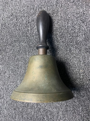 #ad Vintage Brass School Bell Teacher 7.5quot; Patina Antique Wooden Handle House Loud $34.99
