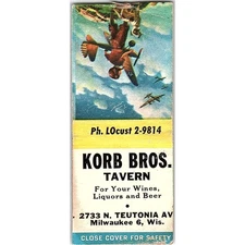 Korb Bros. Tavern Teutonia Ave Milwaukee WI Vintage Matchbook Cover SF3-Y8