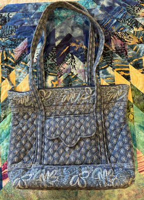 Vera Bradley Blue Tote Bag Quilted Cotton Floral Carry Shoulder Purse Retired