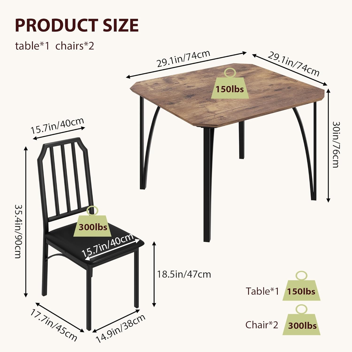 3 Piece Dining Table Set for 2 Home Dinette Table Kitchen Table and 2 Chairs USA
