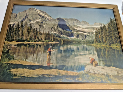Paradise Lake framed print vintage man & boy mountain fishing scene 17 x 13