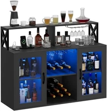 LED Home Bar Sideboard Wine Liquor Rack Display Storage Cabinet Power Outlets