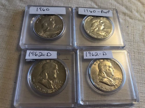 4 Franklin Half Dollar Silver Coins 1960 & 1962-D Circulated Excellent Condition