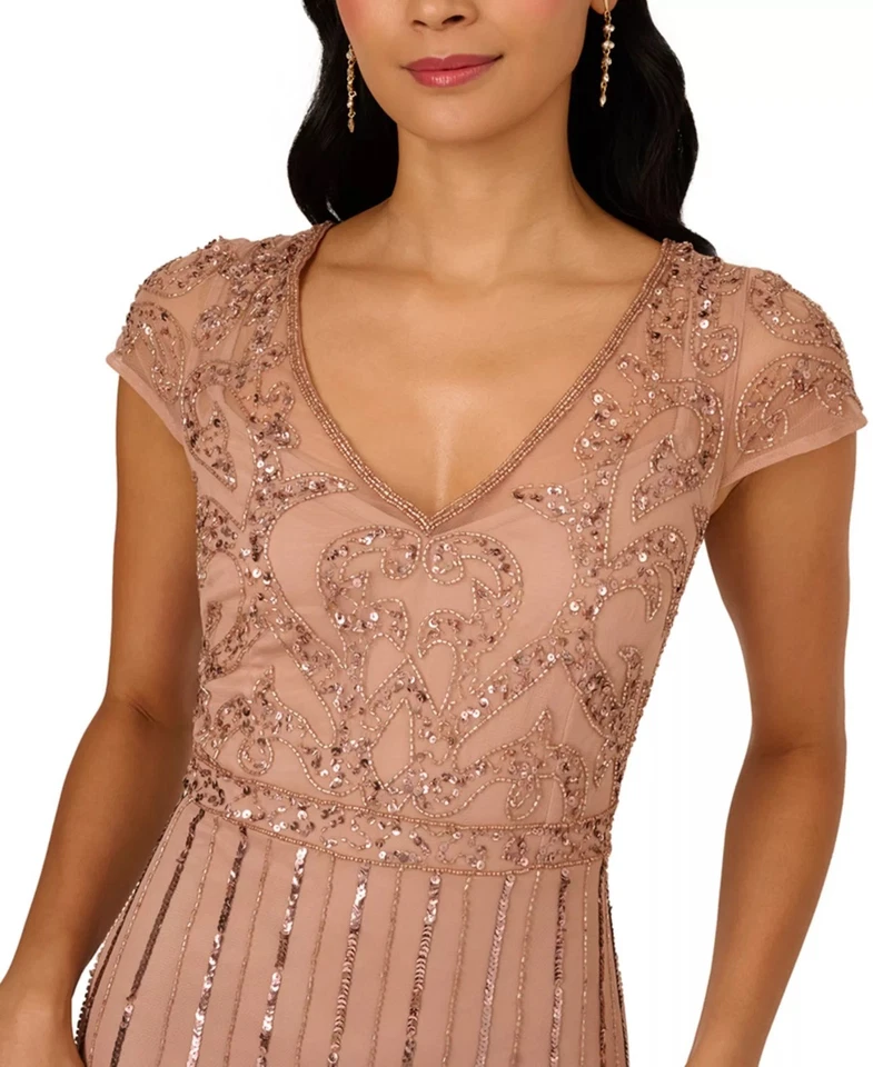 Vestido para mujer Adrianna Papell adornado cuello en V Godet oro rosa talla 10 $179 Foto 3 de 3