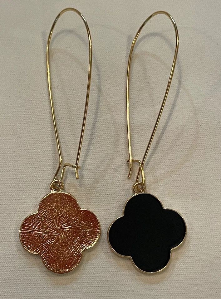 Gold Tone Dangle Earrings Black Quatrefoil Ornament Elegant Dressy or Casual - Image 2 of 4