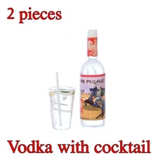 DOLLHOUSE MINIATURE VODKA BOTTLE w/ TONIC COCKTAIL& STIRRER 2 Pcs by FARROW INC