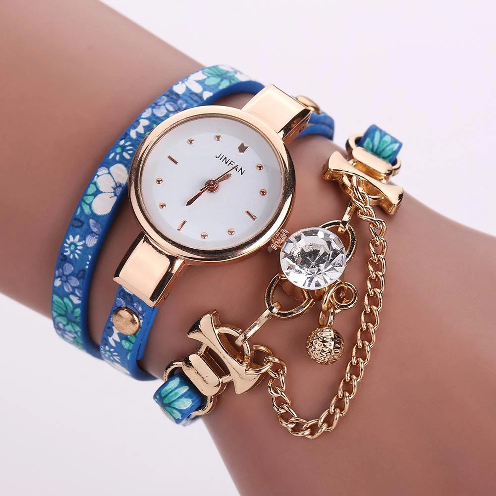 L Diamond Wrap Bracelet Women Floral Multilayer Quartz Watch