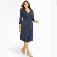 Talbots Polka Dot Faux Wrap Stretch Dress Size 2 Petites Navy Blue