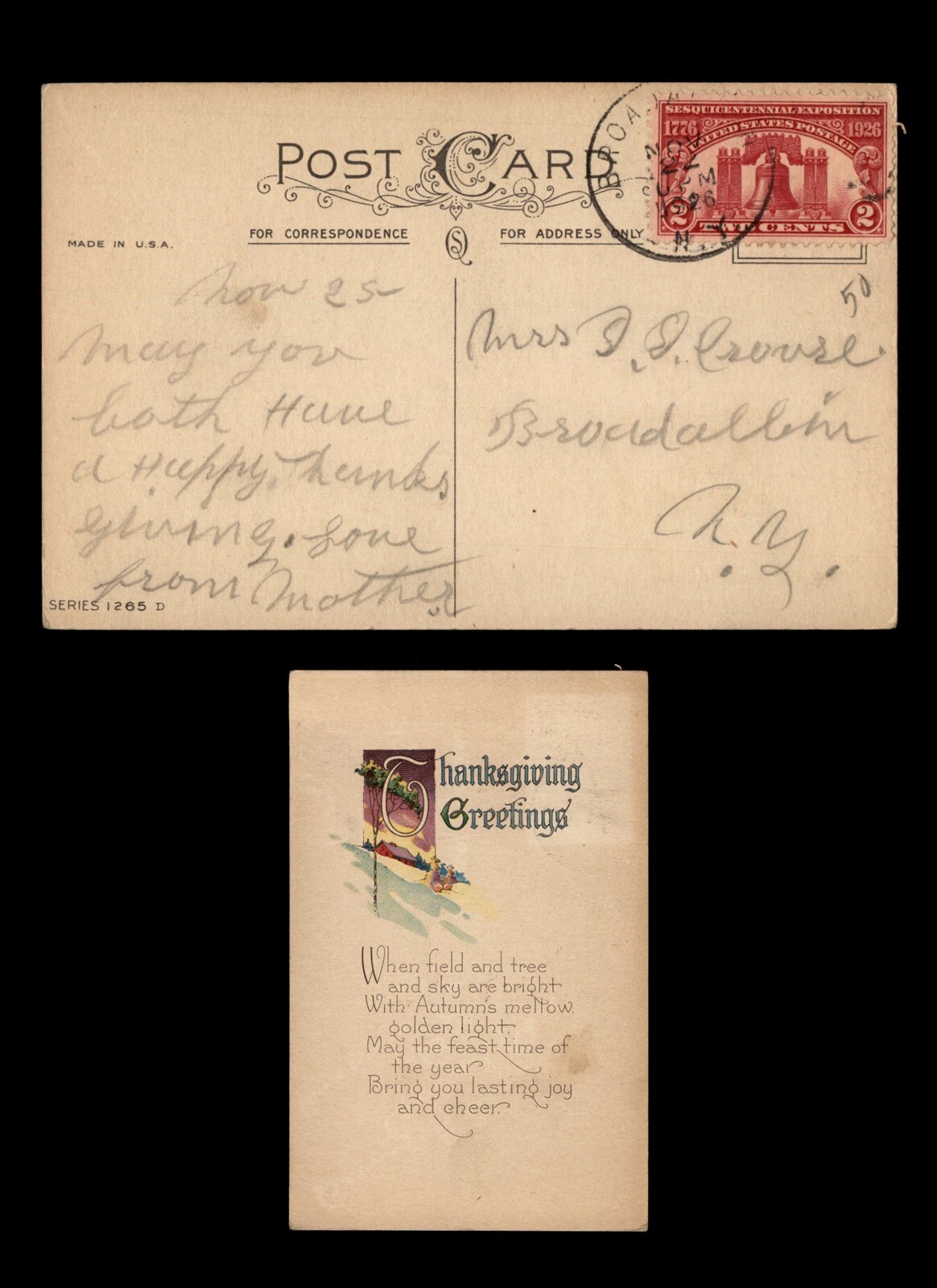 MayfairStamps US 1926 New York to Broadalbin Thanksgiving Greetings