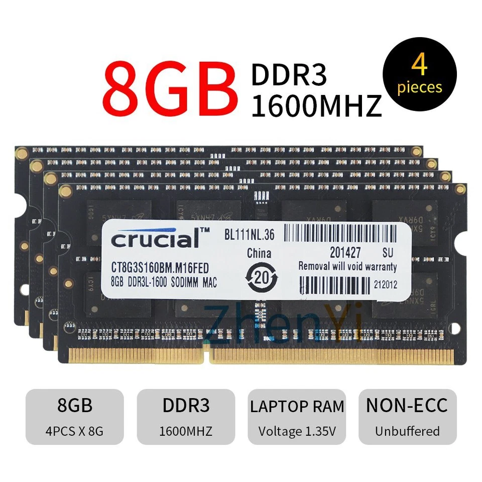 32GB 16GB 8GB DDR3L 1600MHz PC3L-12800 1.35V SODIMM Laptop Memory Crucial LOT UK - Image 2 of 4