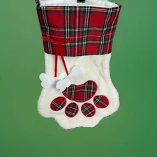 Pet Christmas Stocking Red Plaid Fleece Paw Print Accents Bone Gift Dog 