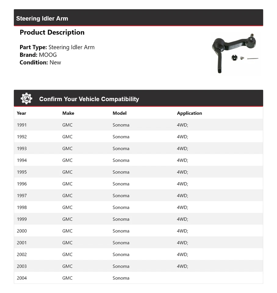Brazo de rueda loca de dirección para GMC Sonoma 1991-2004 MOOG 1991 1992 1993 1994 1995 1996 Foto 2 de 4