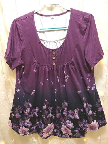 Woman Size Large Purple Blouse Babydoll Y2K Flowy Scoop Floral Ombre Spring