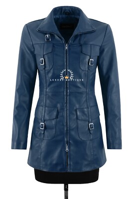 GENEVA Ladies Zip up Leather Jacket Mid Length Slim Fit Style Casual Coat Blue