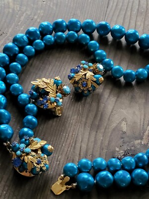 Unsigned Original Robert Miriam Haskell Vtg Set Blue Pearls Floral Clips Choker