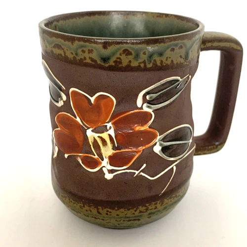Vintage Japanese Pottery Stoneware Coffee Mug Brown Red Flower 4" Hand Made