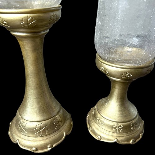 Pair Of 2 Vtg Candle Holders With Design Glass Top Snowflake Art Gold Painted - Picture 5 of 10