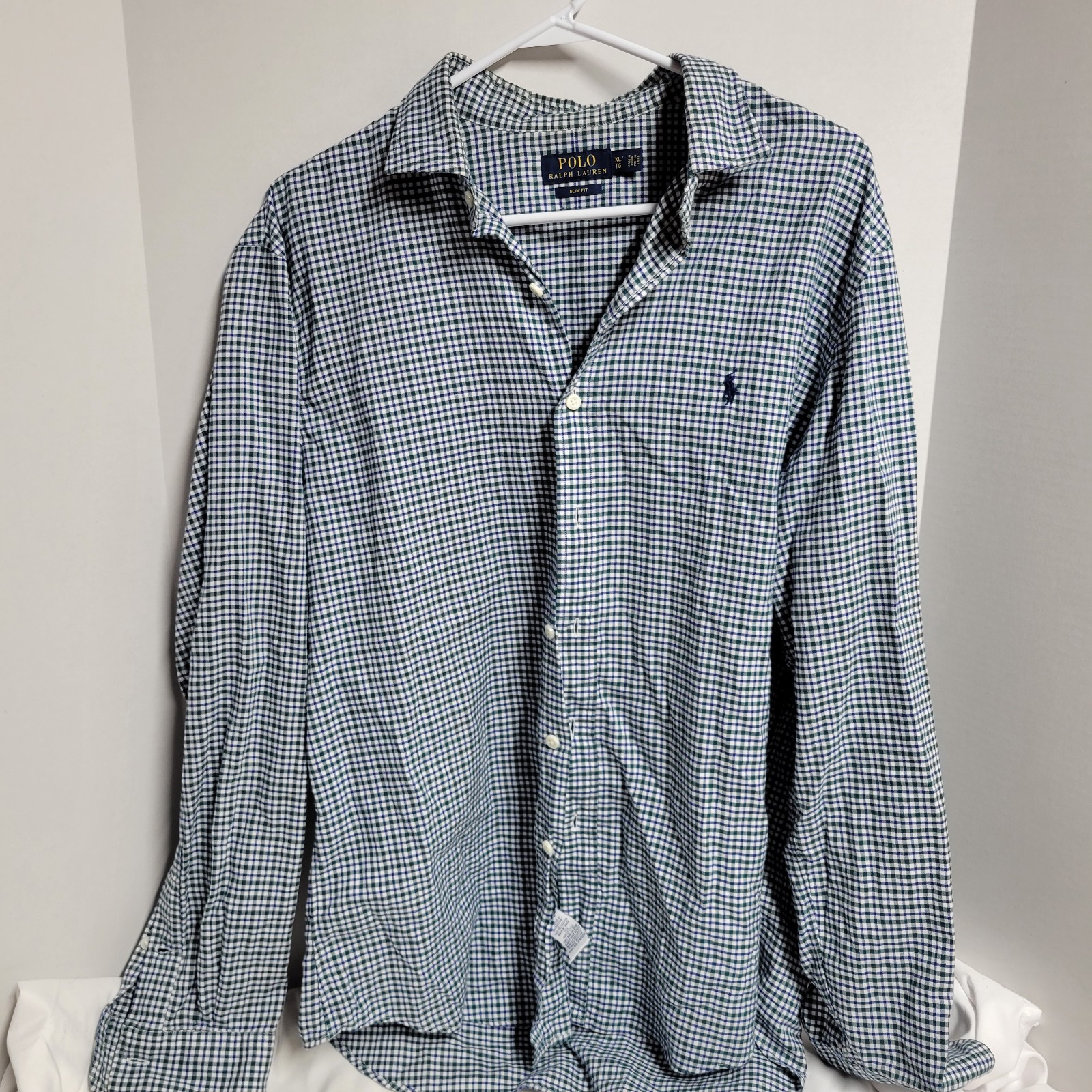 Polo Ralph Lauren camicia uomo slim fit XL verde bianco blu pony manica lunga